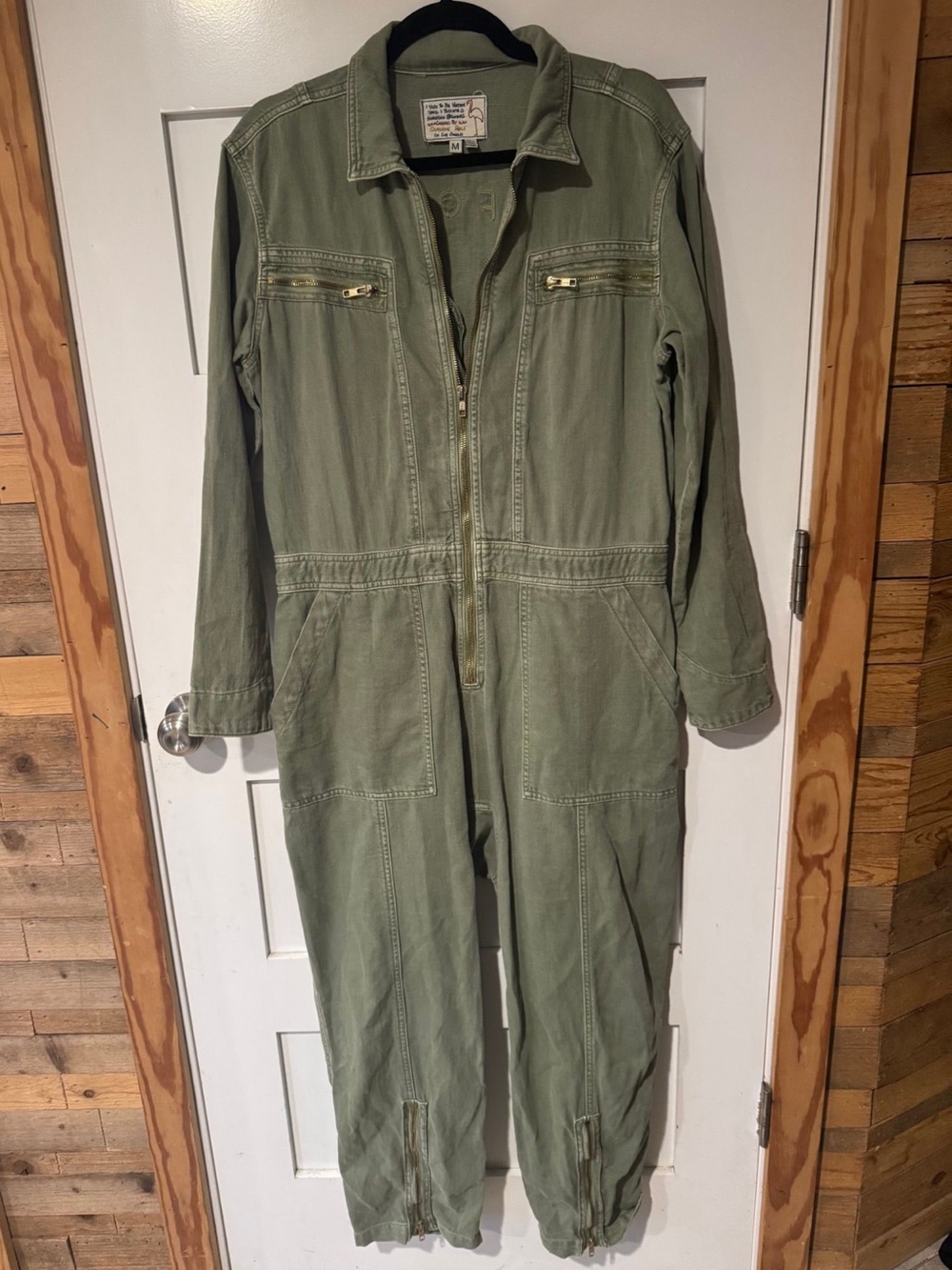 Free People x Sandrine Rose Army Green Denim Jean Utility Jumpsuit Size Medium